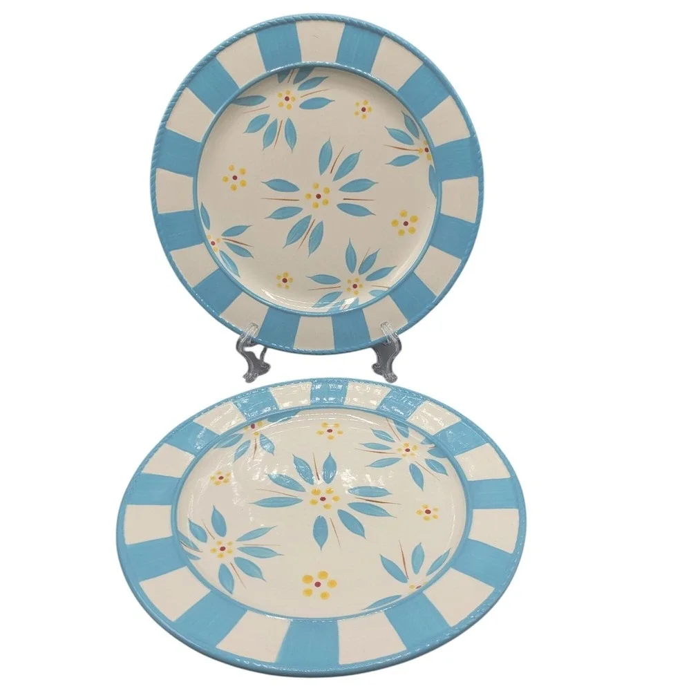 Temptations Old World Dinner Plates Set Of 2 Light Blue Yellow Floral 10.5